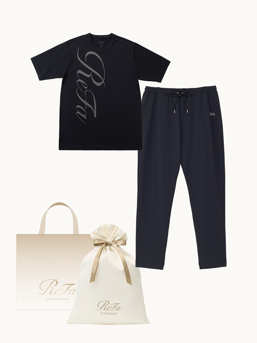 【ReFa VITALWEARギフトラッピングセットL & ショッパーM】リファ バイタルテック コンフォートジャージー クルーネックTシャツ リファロゴ ブラック M & リファ バイタルテック コンフォートジャージー テーパードパンツ ブラック M