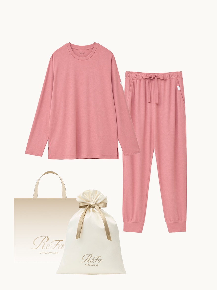 【ReFa VITALWEARギフトラッピングセットL & ショッパーM】リファ バイタルテック モイストスムース ロングスリーブプルオーバー/MEN ピンク SS & リファ バイタルテック モイストスムース ジョガーパンツ/MEN ピンク SS