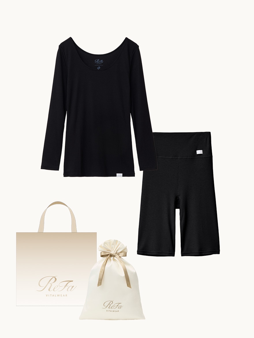 【ReFa VITALWEARギフトラッピングセットM & ショッパーM】リファ バイタルテック モイストリブ Uネックロングスリーブインナー ブラック M & リファ バイタルテック モイストリブ オーバーパンツ ブラック M