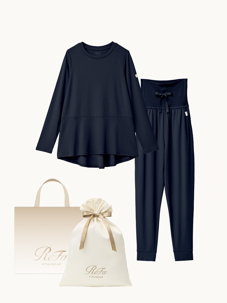 【ReFa VITALWEARギフトラッピングセットL & ショッパーM】リファ バイタルテック モイストスムース ロングスリーブプルオーバー ネイビー SS & リファ バイタルテック モイストスムース ジョガーパンツ ネイビー SS