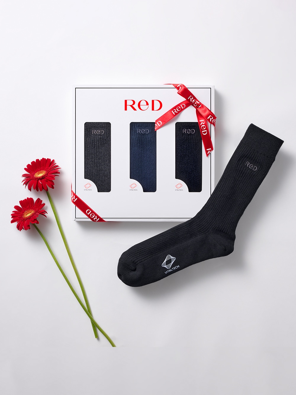 【リボンラッピング付き】ReD バイタルソックス［クルー丈］3足ギフトボックス入り グレー・ネイビー・ブラック 25-27