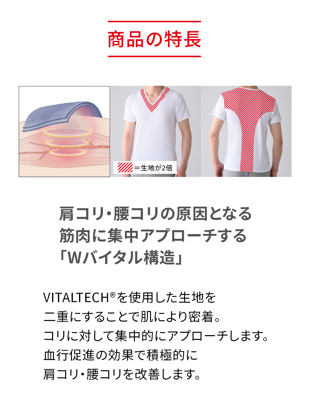 ReD バイタルテック Vネックインナー半袖 肩・腰コリ改善 ホワイト L ホワイト L