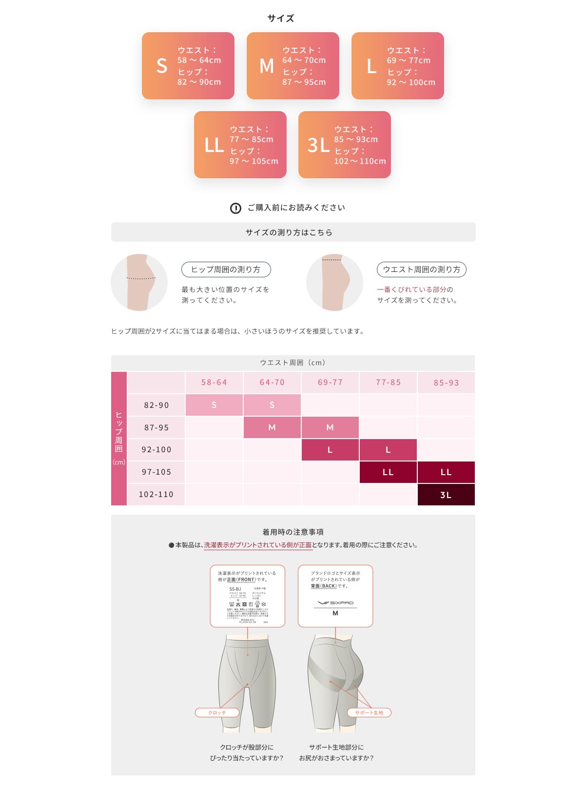 骨盤底筋ケアガードル サイズ表